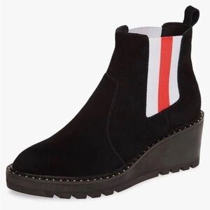 Cecelia New York Gemma Black Suede Wedge Boots Ankle Booties Stripe Accent Sz 6